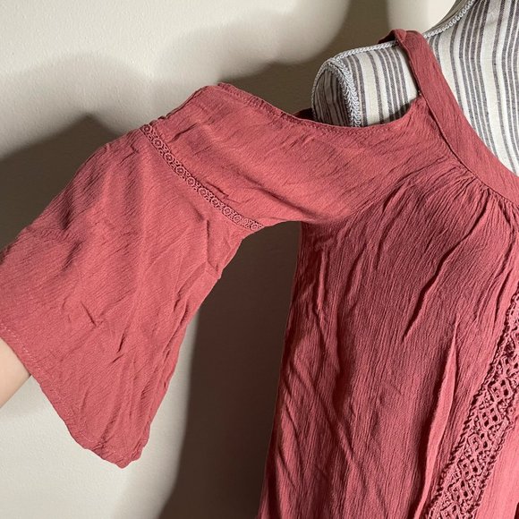 Knox Rose Peasant Boho Lace Peplum Tunic Cold Shoulder 3/4 Sleeves Mauve Size M - Picture 4 of 11